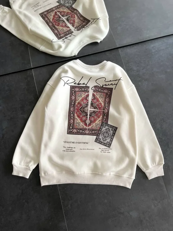 Lushiowear Kadın Bisiklet Yaka Kilim Halı Baskılı 3 İplik Pamuklu Sweatshirt - Beyaz