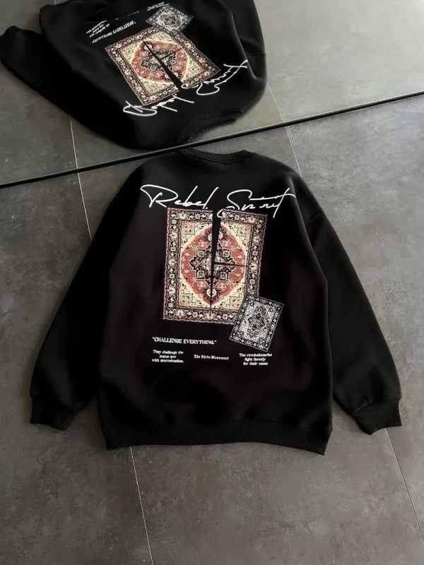 Lushiowear Kadın Bisiklet Yaka Kilim Halı Baskılı 3 İplik Pamuklu Sweatshirt - Siyah