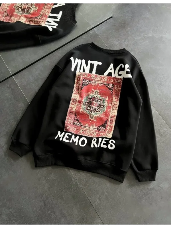 Lushiowear Kadın Bisiklet Yaka 3 İplik pamuklu Baskılı Oversize SweatShirt - Siyah