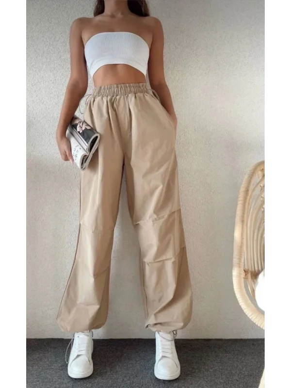 Lushiowear Kadın Cepli Paraşut Pantolon - Bej