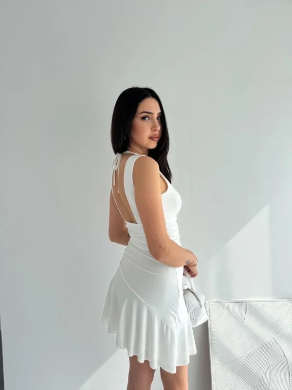 Lushiowear Kadın Derin V Yaka Sırt Dekolteli Mini Elbise Drapeli Şık Kolsuz - Beyaz