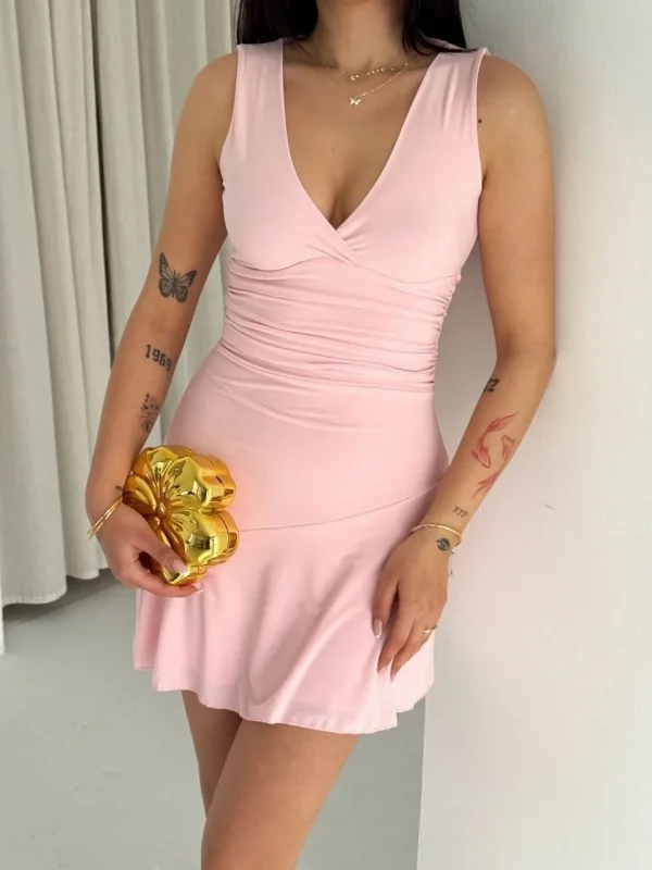 Lushiowear Kadın Derin V Yaka Sırt Dekolteli Mini Elbise Drapeli Şık Kolsuz - Pembe