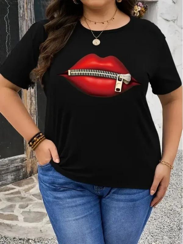 Lushiowear Kadın Kısa Kol Yazlık Tişört Bisiklet Yaka Dudak Baskılı T-Shirt - Siyah