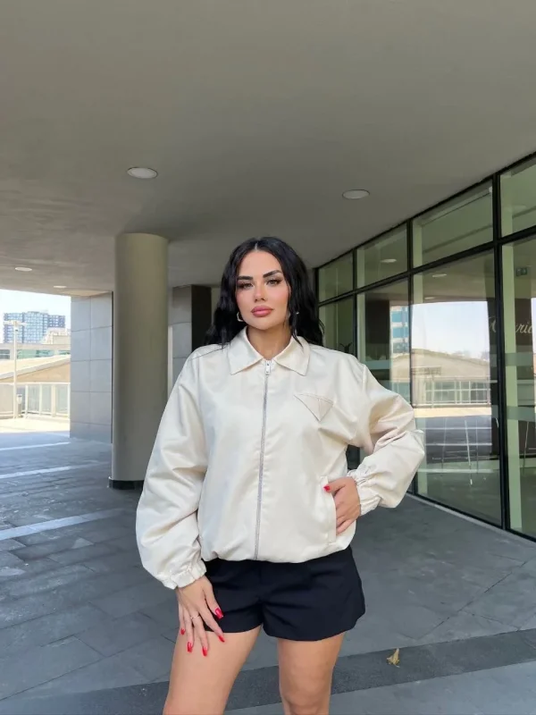 Lushiowear Kadın Fermuarlı Gömlek Yaka Bomber Ceket - Beyaz