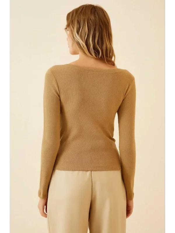 Lushiowear Kadın Fitilli Likralı Body Crop - Camel