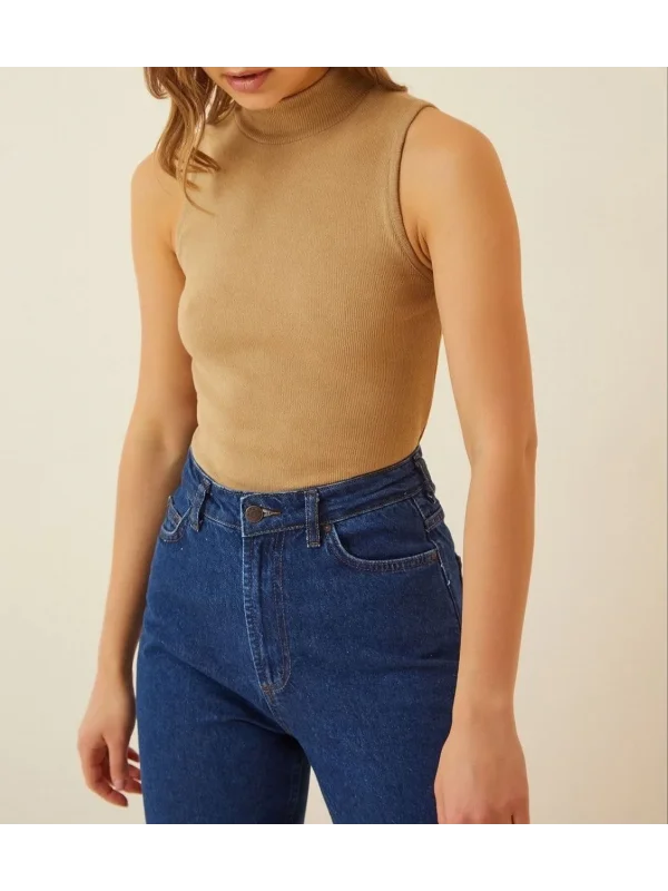 Lushiowear Kadın Full Likralı Fitilli Kaşkorse Body - Camel