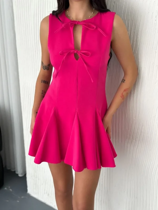 Lushiowear Kadın Göğüs Bağlamalı Kolsuz Mini Boy Elbise - Pembe