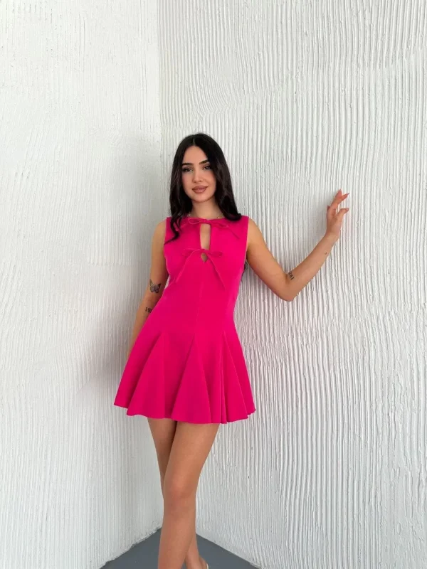Lushiowear Kadın Göğüs Bağlamalı Kolsuz Mini Boy Elbise - Pembe