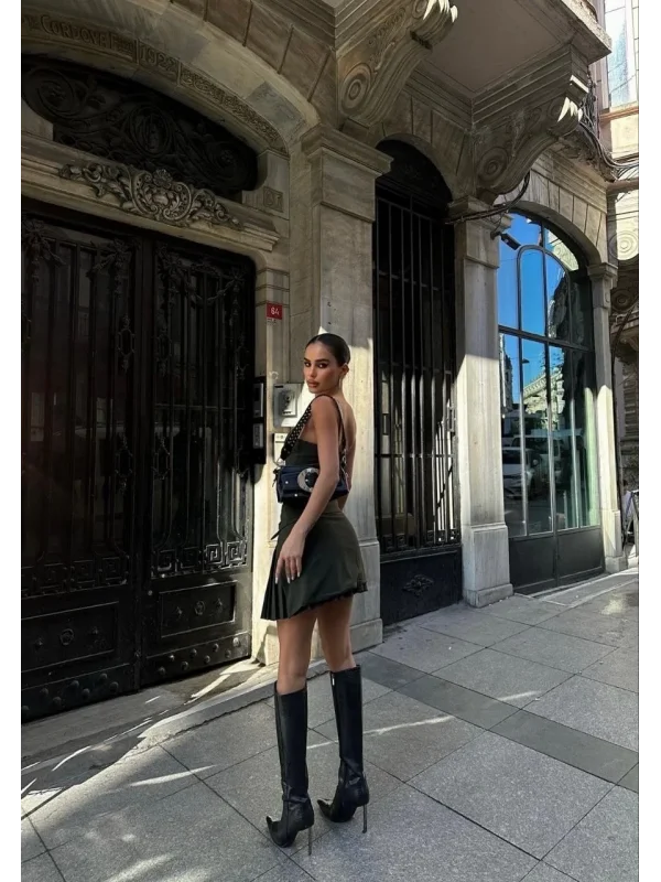 Lushiowear Kadın İki Parçalı Pileli Askılı Kadın Mini Elbise - Haki