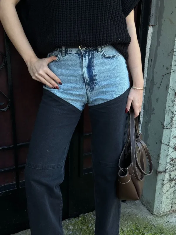 Lushiowear Kadın Jeans Kot Parçalı Palazzo Pantolon - Siyah