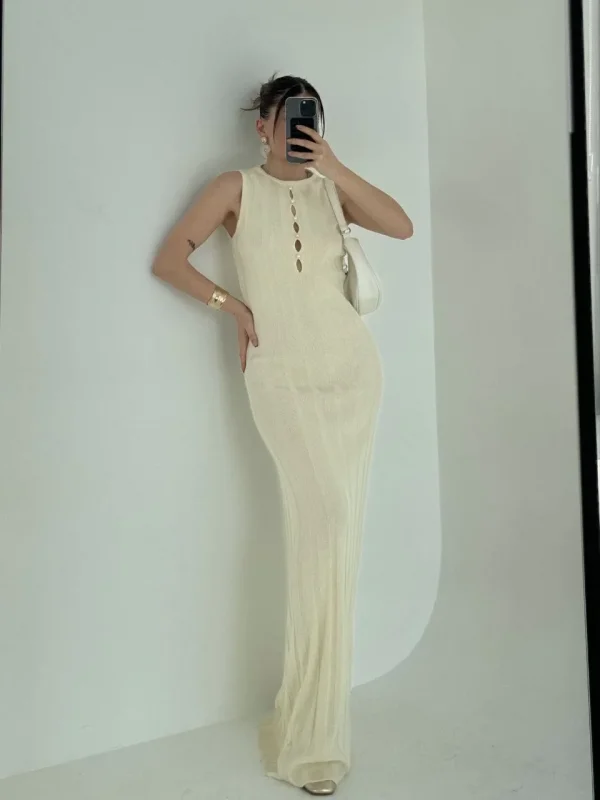 Lushiowear Kadın Kalın Fitilli Uzun Triko Elbise - Kırık Beyaz