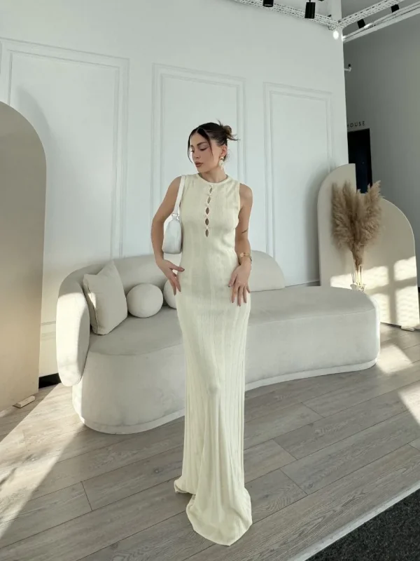 Lushiowear Kadın Kalın Fitilli Uzun Triko Elbise - Kırık Beyaz