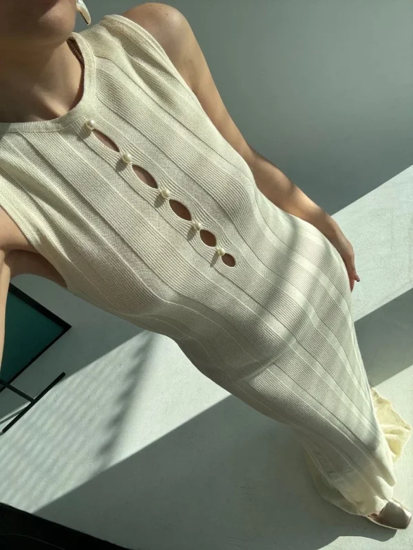 Lushiowear Kadın Kalın Fitilli Uzun Triko Elbise - Kırık Beyaz