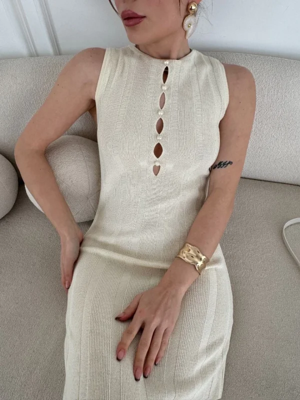 Lushiowear Kadın Kalın Fitilli Uzun Triko Elbise - Kırık Beyaz