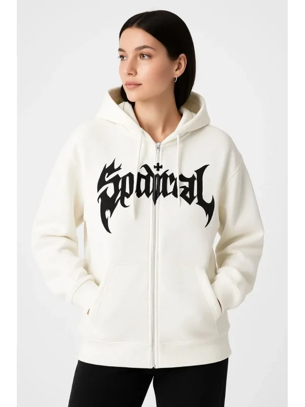 Lushiowear Kadın Kapüşonlu 3 İplik Pamuklu Önü Baskılı Fermuarlı Oversize Hoodie Sweatshirt - Beyaz