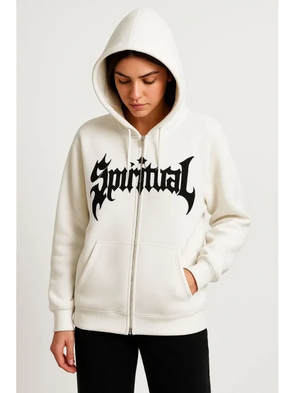 Lushiowear Kadın Kapüşonlu 3 İplik Pamuklu Önü Baskılı Fermuarlı Oversize Hoodie Sweatshirt - Beyaz
