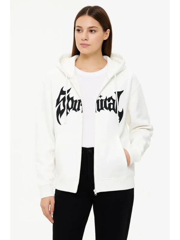 Lushiowear Kadın Kapüşonlu 3 İplik Pamuklu Önü Baskılı Fermuarlı Oversize Hoodie Sweatshirt - Beyaz