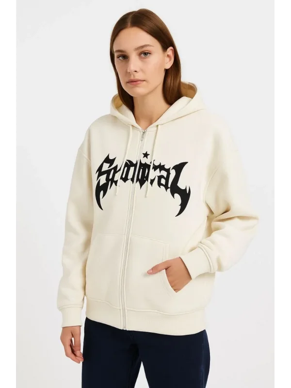 Lushiowear Kadın Kapüşonlu 3 İplik Pamuklu Önü Baskılı Fermuarlı Oversize Hoodie Sweatshirt - Beyaz