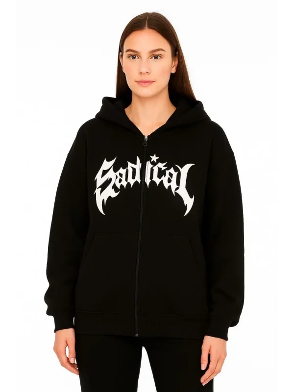 Lushiowear Kadın Kapüşonlu 3 İplik Şardonlu Önü Baskılı Fermuarlı Oversize Sweatshirt - Siyah