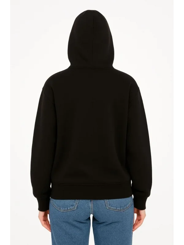 Lushiowear Kadın Kapüşonlu 3 İplik Şardonlu Önü Baskılı Fermuarlı Oversize Sweatshirt - Siyah