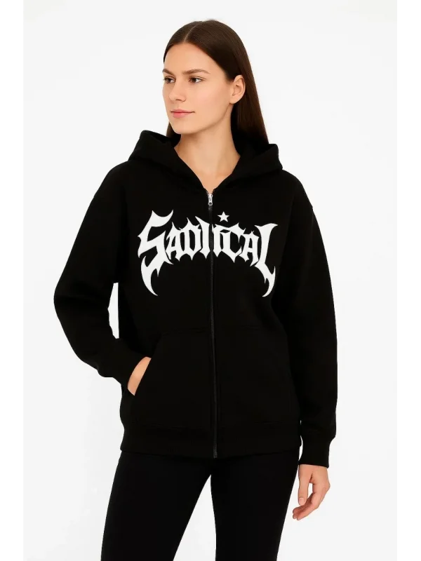 Lushiowear Kadın Kapüşonlu 3 İplik Şardonlu Önü Baskılı Fermuarlı Oversize Sweatshirt - Siyah