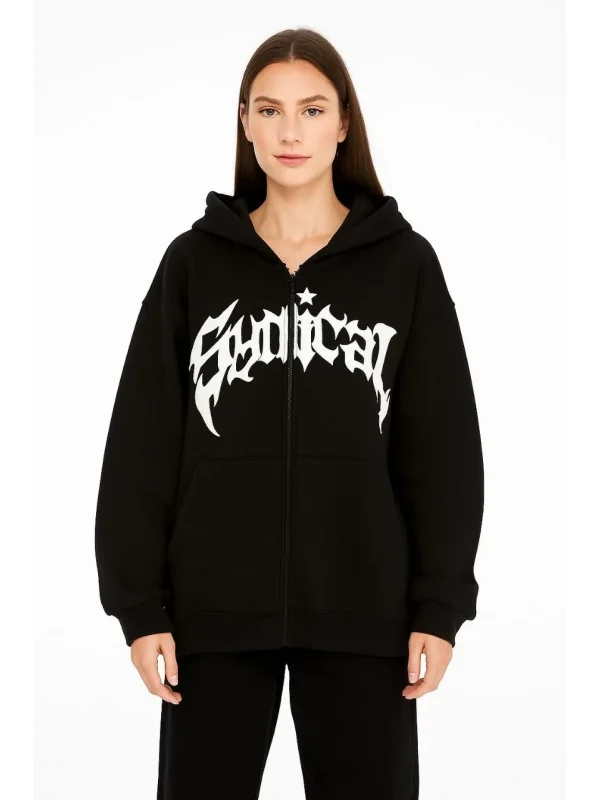 Lushiowear Kadın Kapüşonlu 3 İplik Şardonlu Önü Baskılı Fermuarlı Oversize Sweatshirt - Siyah