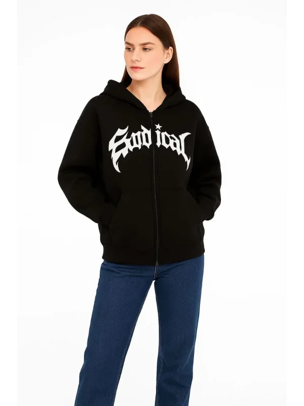 Lushiowear Kadın Kapüşonlu 3 İplik Şardonlu Önü Baskılı Fermuarlı Oversize Sweatshirt - Siyah