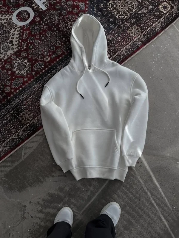 Lushiowear Kadın Kapüşonlu Kanguru Cepli 3 İplik Pamuklu Oversize Hoodie Sweatshirt - Beyaz