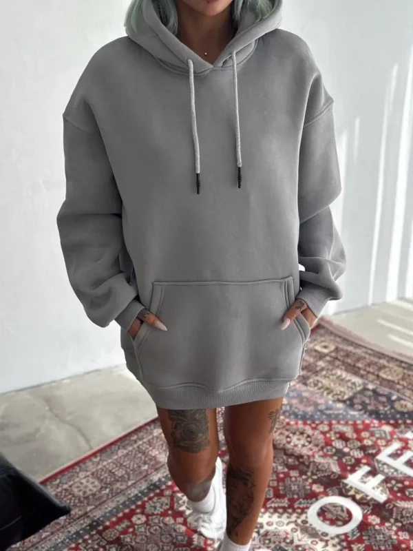 Lushiowear Kadın Kapüşonlu Kanguru Cepli 3 İplik Pamuklu Oversize Hoodie Sweatshirt -  Boyalı Gri