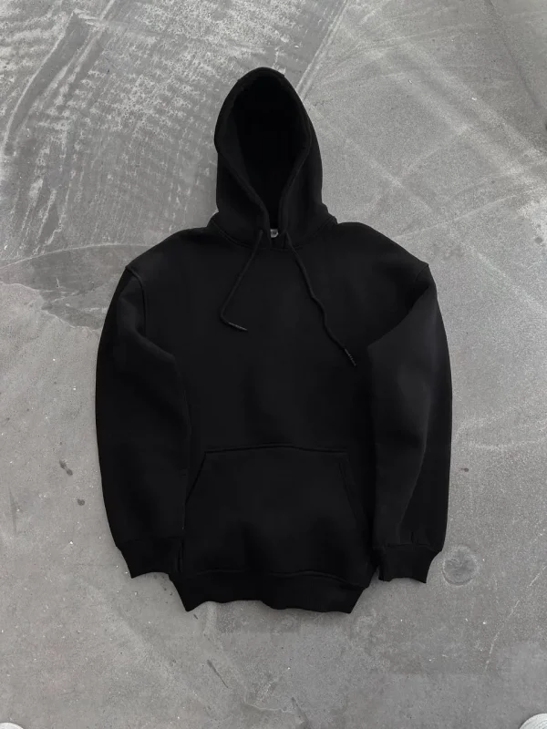 Lushiowear Kadın Kapüşonlu Kanguru Cepli 3 İplik Pamuklu Oversize Hoodie Sweatshirt - Siyah