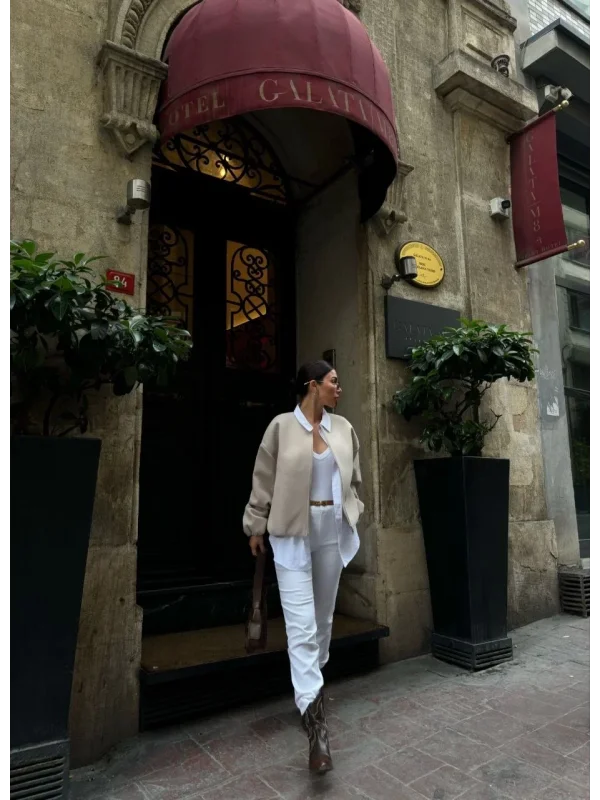 Lushiowear Kadın Kaşe Kaşmir Fermuarlı CEKET - Bej