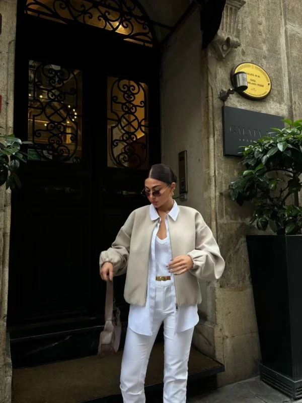 Lushiowear Kadın Kaşe Kaşmir Fermuarlı CEKET - Bej