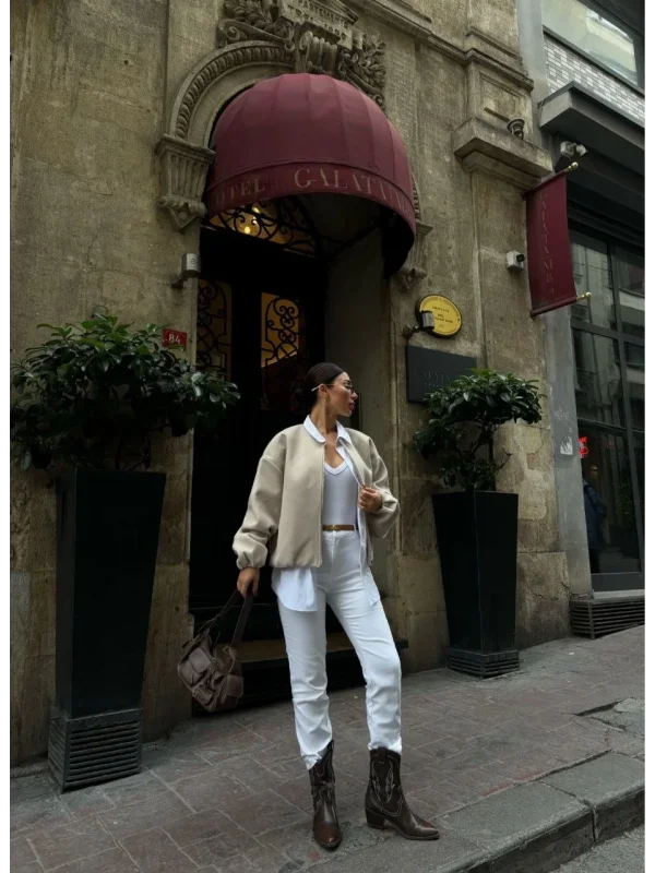 Lushiowear Kadın Kaşe Kaşmir Fermuarlı CEKET - Bej