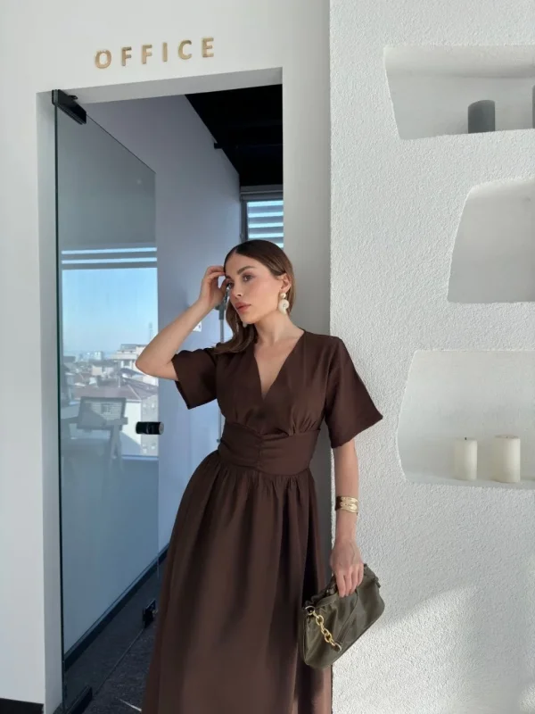 Lushiowear Kadın Kısa Kollu Uzun Elbise - Kahve