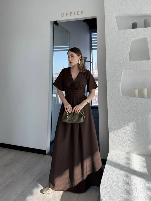 Lushiowear Kadın Kısa Kollu Uzun Elbise - Kahve
