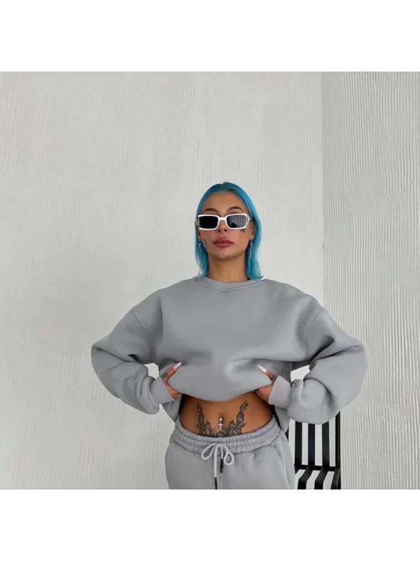 Lushiowear Kadın Bisiklet Yaka 3 İplik Pamuklu Basic SweatShirt - Gri