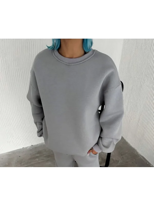 Lushiowear Kadın Bisiklet Yaka 3 İplik Pamuklu Basic SweatShirt - Gri