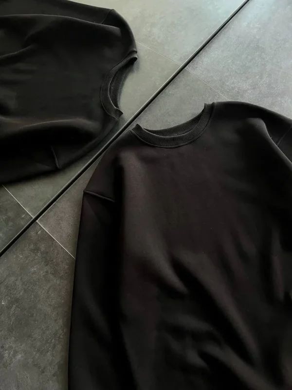 Lushiowear Kadın Bisiklet Yaka 3 İplik Pamuklu Basic SweatShirt - Siyah