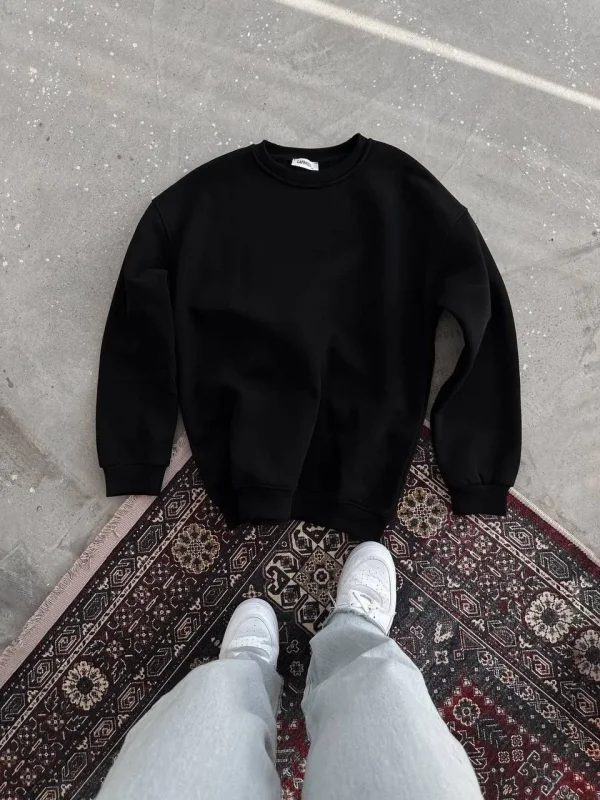 Lushiowear Kadın Bisiklet Yaka 3 İplik Pamuklu Basic SweatShirt - Siyah