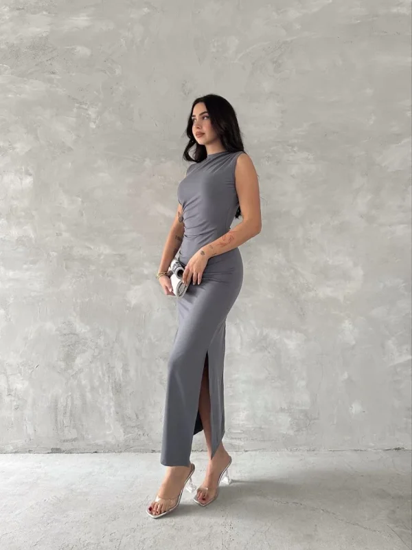 Lushiowear Kadın Kolsuz Yırtmaçlı Uzun maxı boy Elbise - Gri
