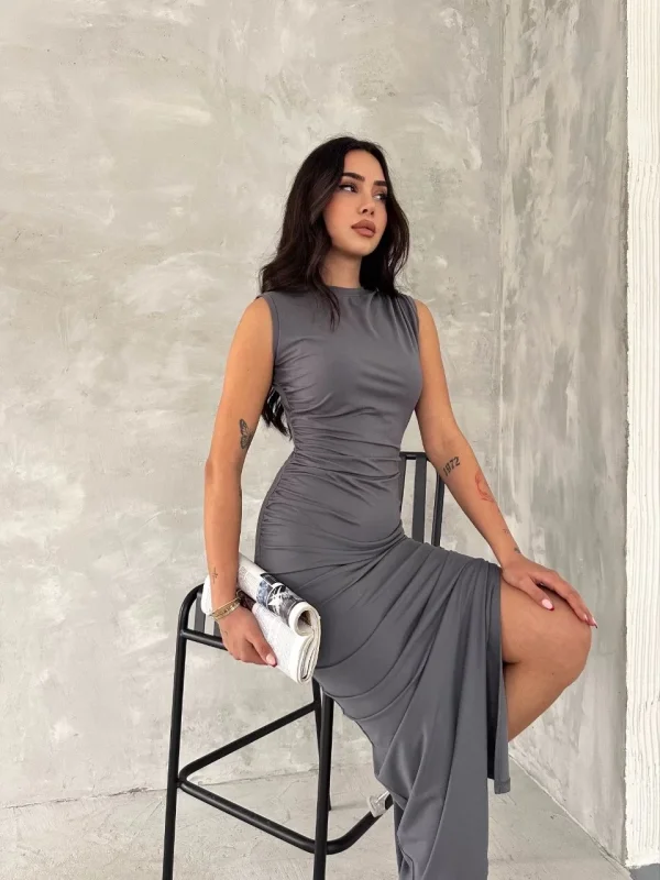 Lushiowear Kadın Kolsuz Yırtmaçlı Uzun maxı boy Elbise - Gri