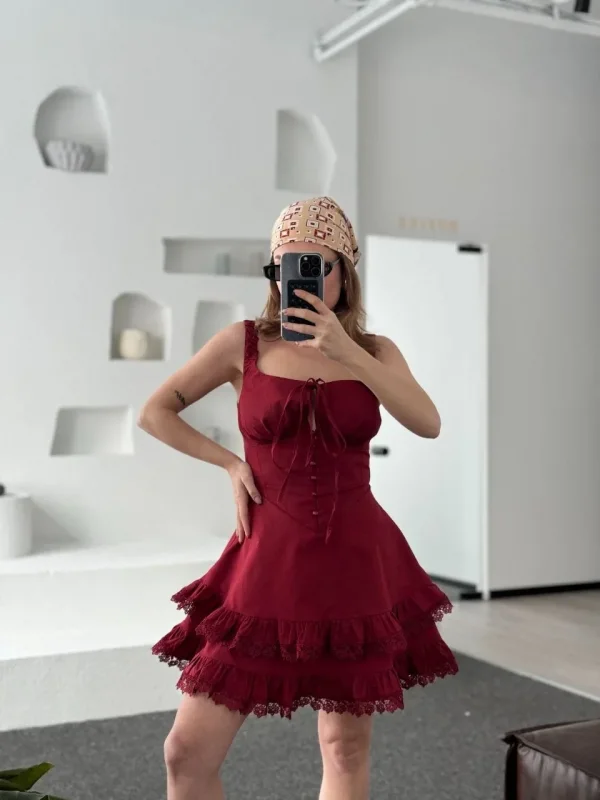 Lushiowear Kadın Mini Askılı Elbise - Bordo