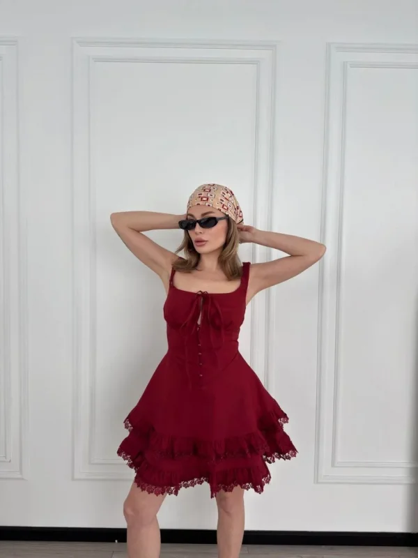 Lushiowear Kadın Mini Askılı Elbise - Bordo