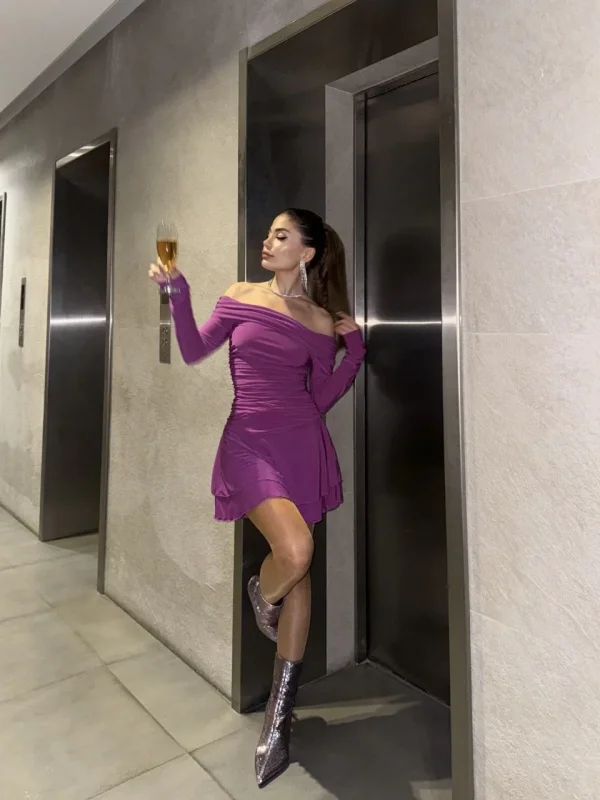 Lushiowear Kadın Mını Fırfırlı Elbise - Pembe