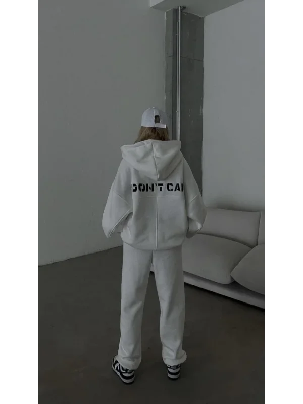 Lushiowear Kadın Nakış İşlemeli 3 İplik Pamuklu Sweat Alt-Üst Takım- Beyaz