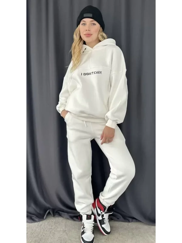 Lushiowear Kadın Nakış İşlemeli 3 İplik Pamuklu Sweat Alt-Üst Takım- Beyaz