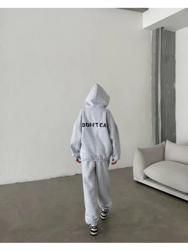 Lushiowear Kadın Nakış İşlemeli 3 İplik Pamuklu Sweat Alt-Üst Takım- Gri