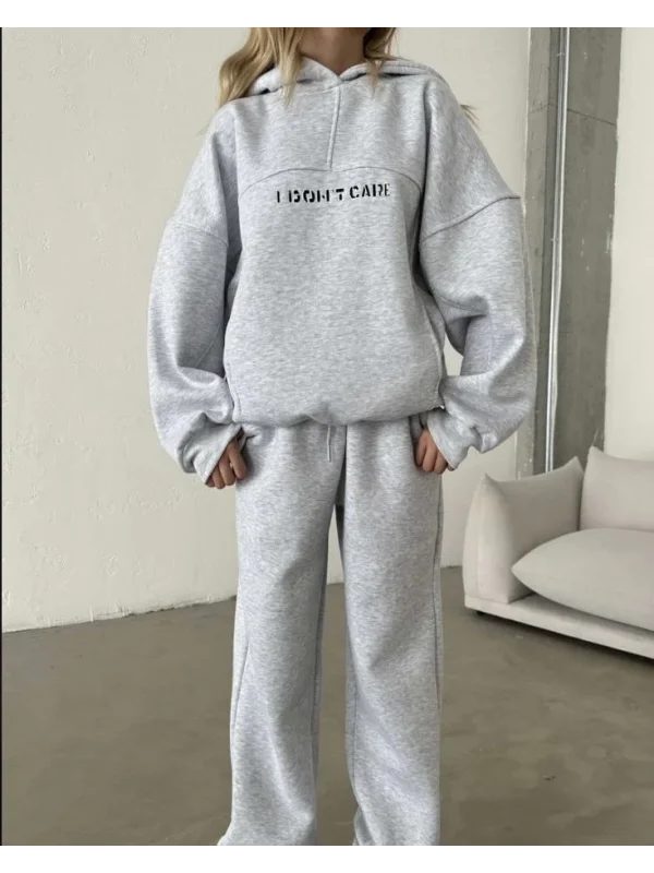 Lushiowear Kadın Nakış İşlemeli 3 İplik Pamuklu Sweat Alt-Üst Takım- Gri