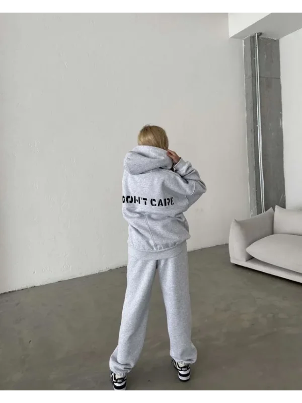 Lushiowear Kadın Nakış İşlemeli 3 İplik Pamuklu Sweat Alt-Üst Takım- Gri