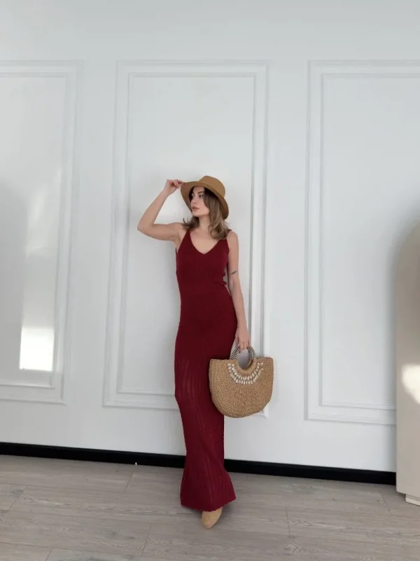 Lushiowear Kadın Örgülü Uzun Triko Elbise - Bordo